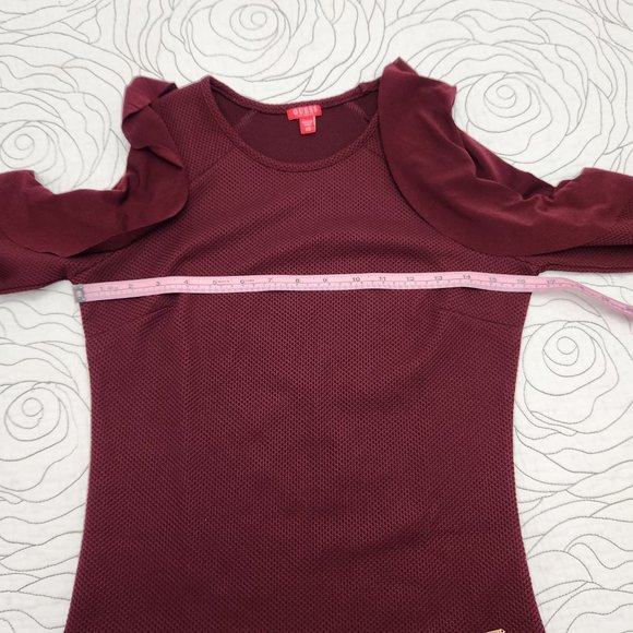 GUESS [XS] Burgundy Cold Shoulder Ruffle Long Sleeve Guess Top - Picture 10 of 11